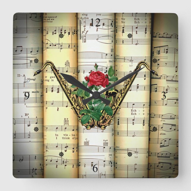 Saxophone & Rose ~ Rolled Sheet Music ~ Square Wall Clock (Front)