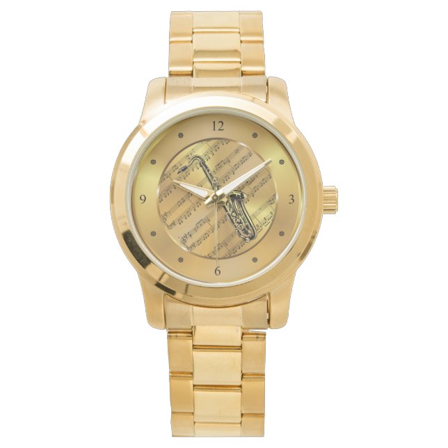 Saxophone ~ Sheet Music ~ Gold Background ~ Unique Watch (Front)