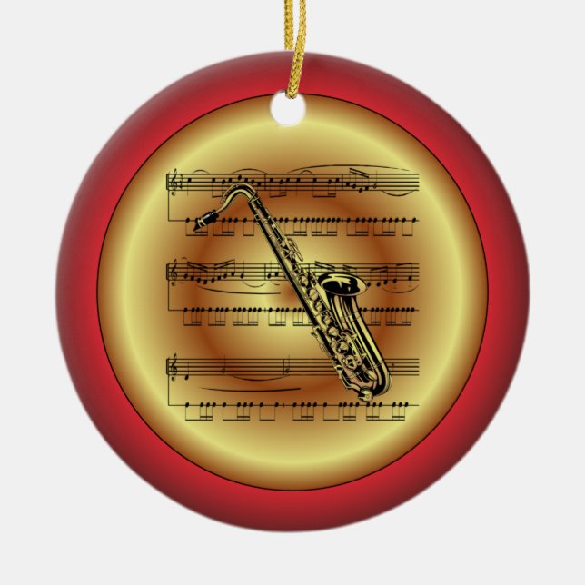 Saxophone~Sheet Music~Red/Green/Gold~Christmas~ Ceramic Ornament (Front)