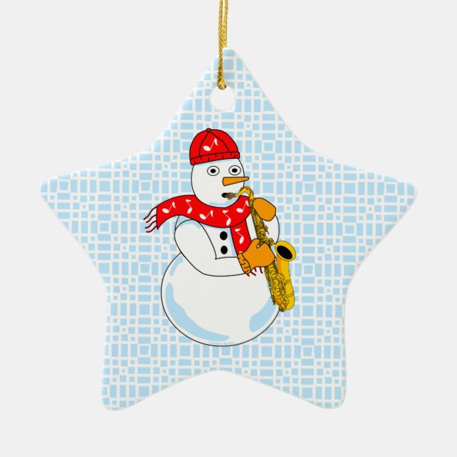 Saxophone Snowman Ceramic Ornament (Front)