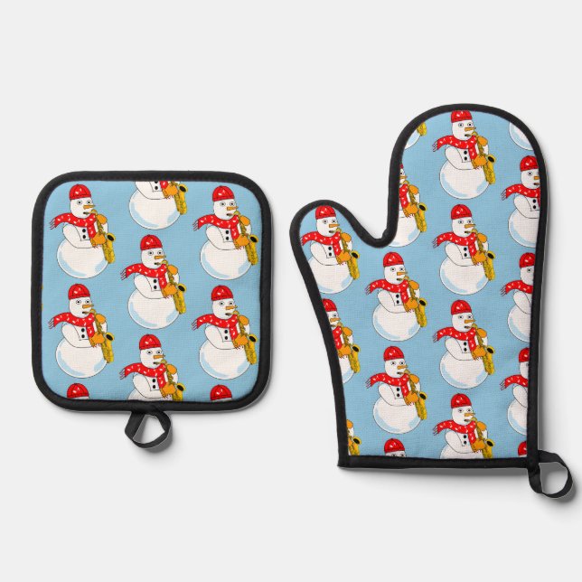 Saxophone Snowman Oven Mitt & Pot Holder Set (Front)