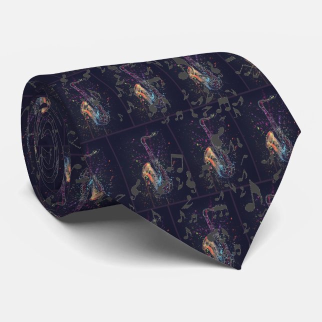 Saxophone Splash And Music Notes Tie (Rolled)