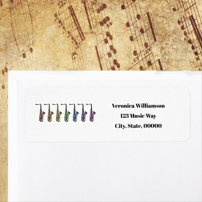 Saxophone Ténor Arc-en-Ciel Personnaliser Adresse  (Return address label with a rainbow of saxophones)