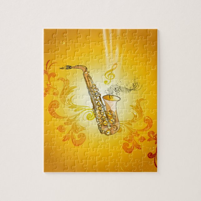 Saxophone with key notes and clef jigsaw puzzle (Vertical)