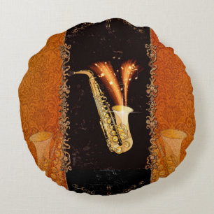 Saxophone with key notes and floral elements round pillow