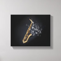 Saxophone with musical notes coming out the bell