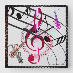 Saxophones, Musical Notes, Keeping Time on a Square Wall Clock