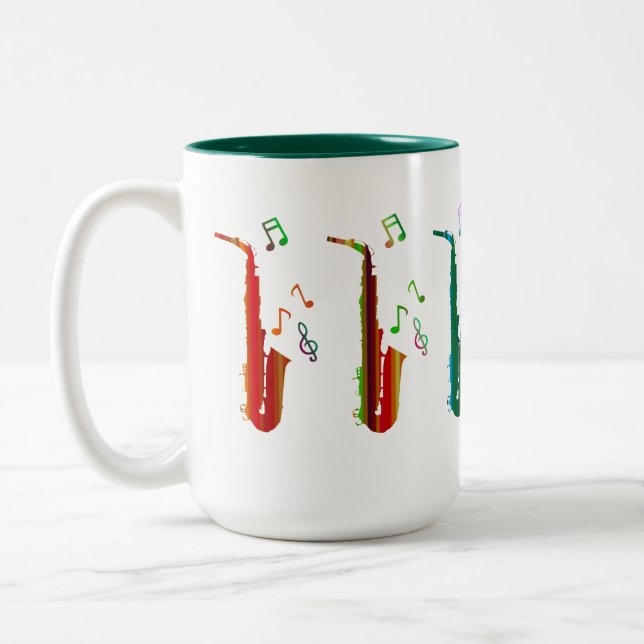 saxophones  & 'musical notes' Two-Tone Mug, 15 oz Coffee Mug (Left)