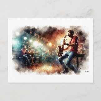 Saxophonist Performing in Cafe, Postcard