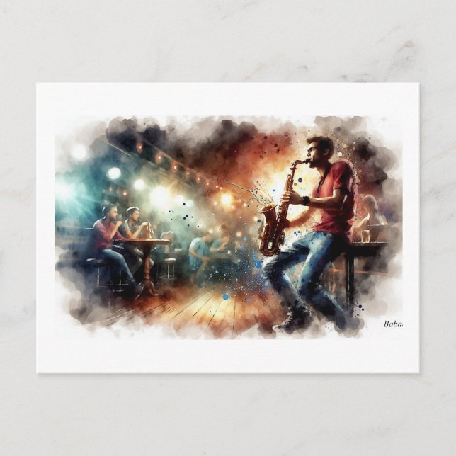 Saxophonist Performing in Cafe,  Postcard (Front)