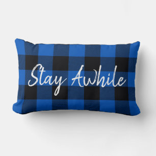Say Awhile Text on Black and Blue Plaid Lumbar Pillow