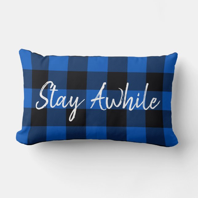 Say Awhile Text on Black and Blue Plaid Lumbar Pillow (Front)
