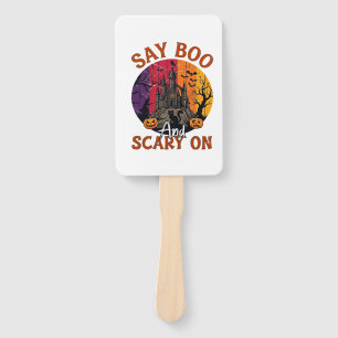 Say Boo Scary Halloween Haunted House Black Cat Pu Hand Fan