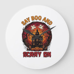 Say Boo Scary Haunted House Ghosts Pumpkins Hallow Large Clock