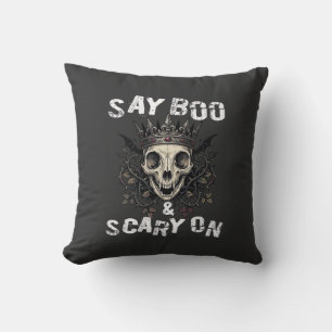Say Boo Scary Skull Crown Bat Wings Halloween_1 Throw Pillow