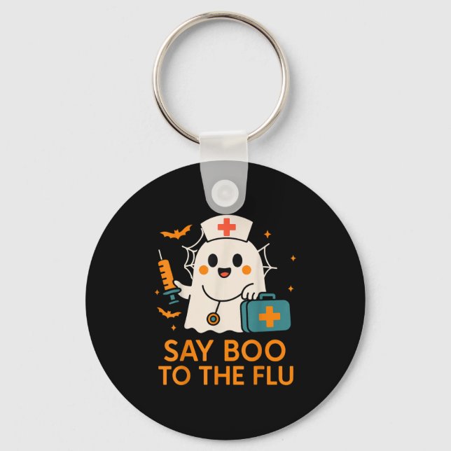 Say Boo To The Flu Nurse Halloween Vaccine Ghost C Keychain (Front)