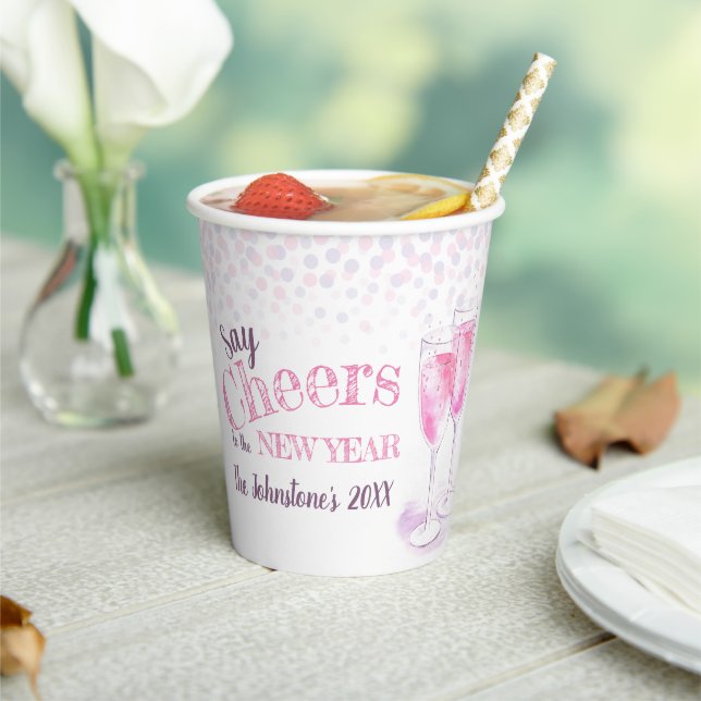 Say cheers New Years pink champagne bubbly Paper Cups (Insitu)