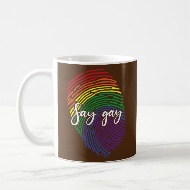 Say Gay Finger Print DNA LGBTQ Rainbow Flag Pride Coffee Mug (Left)