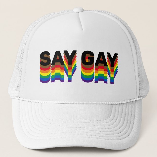 Say Gay rainbow lgbtq gay pride flag typography Trucker Hat (Front)