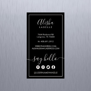 Say Hello   Elegant Black & Blush Pink Social Magnetic Business Card