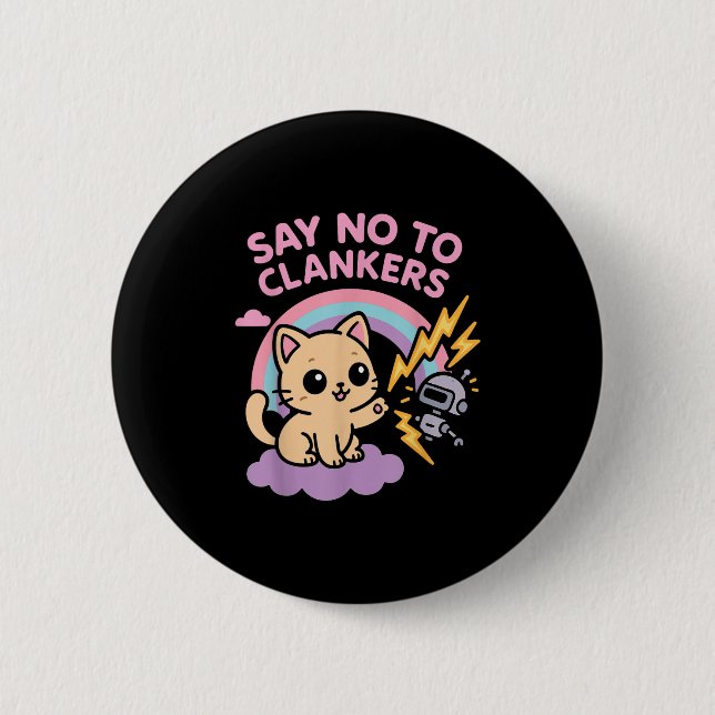 Say No To Clankers Anti Ai Robots Cute Kitten Rain 2 Inch Round Button (Front)
