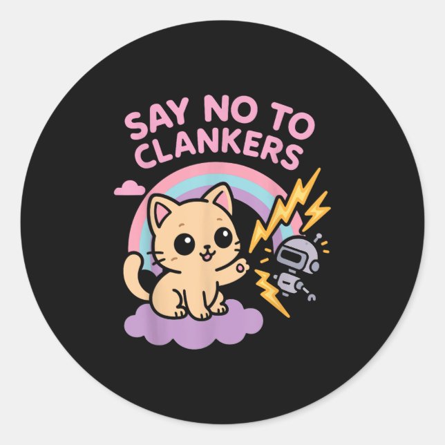 Say No To Clankers Anti Ai Robots Cute Kitten Rain Classic Round Sticker (Front)