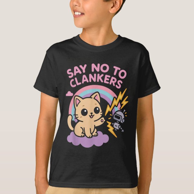 Say No To Clankers Anti Ai Robots Cute Kitten Rain T-Shirt (Front)
