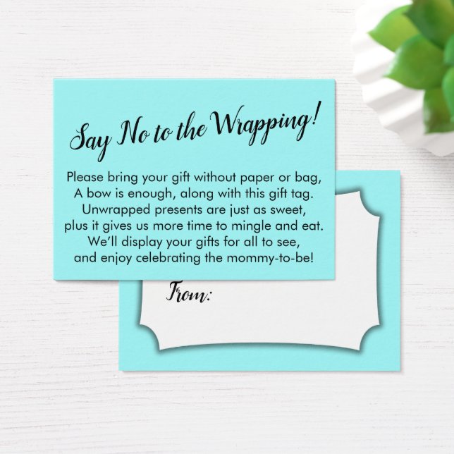 Say No to Wrapping Baby Shower Aqua Gift Card (Desk)