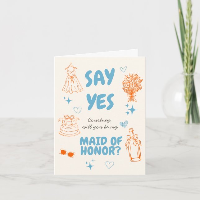Say Yes Aqua + Orange Doodle Proposal Card (Front)