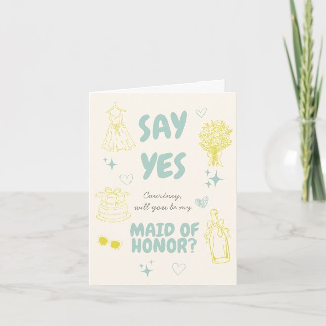 Say Yes Teal + Yellow Doodle Proposal Card (Front)