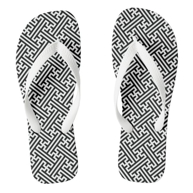 Sayagata pattern, Japanese, Black and White Flip Flops (Footbed)