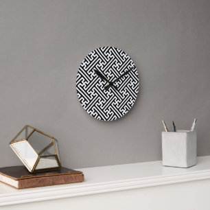 Sayagata pattern, Japanese, Black and White Round Clock