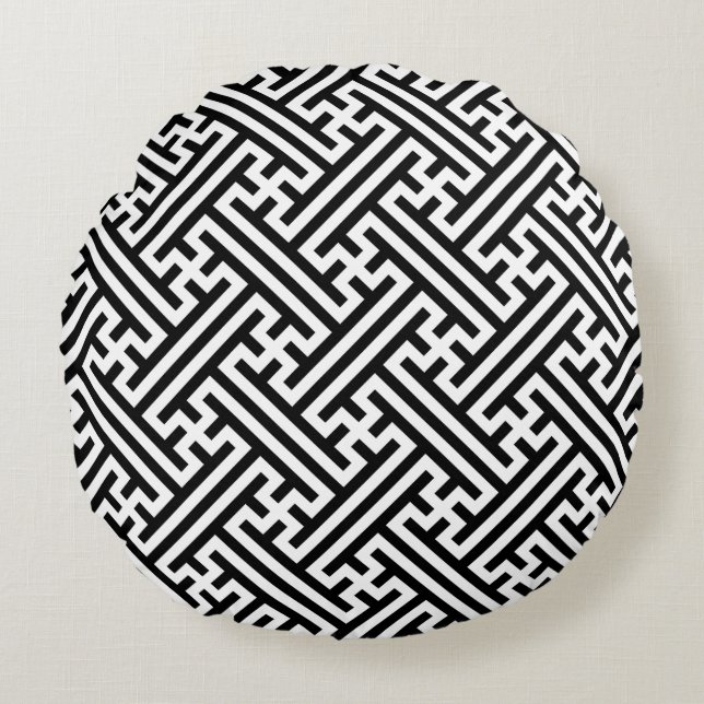 Sayagata pattern, Japanese, Black and White Round Pillow (Front)