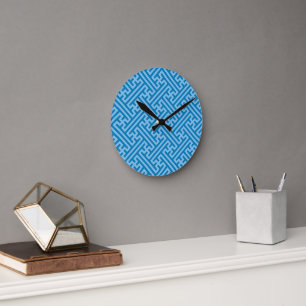 Sayagata pattern, Japanese, Blue and Baby Blue Round Clock