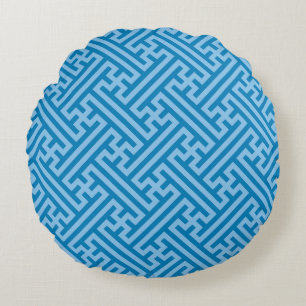 Sayagata pattern, Japanese, Blue and Baby Blue Round Pillow