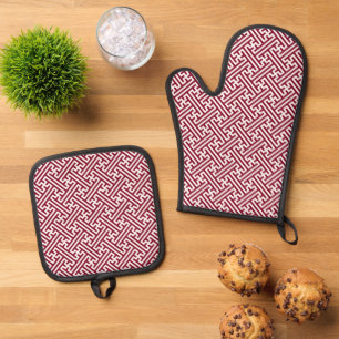Sayagata pattern, Japanese, Burgundy and White  Oven Mitt & Pot Holder Set