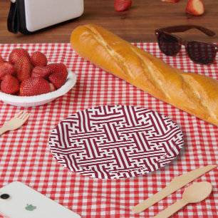 Sayagata pattern, Japanese, Burgundy and White  Paper Plate