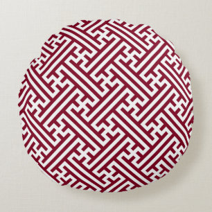 Sayagata pattern, Japanese, Burgundy and White Round Pillow