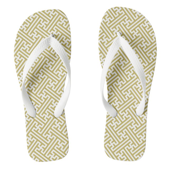 Sayagata pattern, Japanese, Gold and White Flip Flops (Footbed)