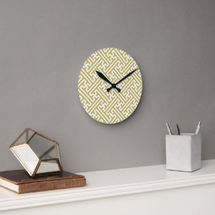 Sayagata pattern, Japanese, Gold and White Round Clock