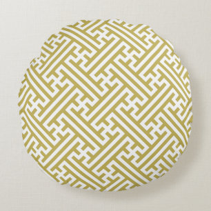 Sayagata pattern, Japanese, Gold and White Round Pillow