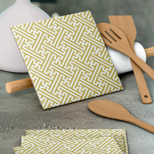 Sayagata pattern, Japanese, Gold and White Tile