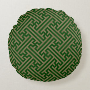 Sayagata pattern, Japanese, Green and Gold Round Pillow