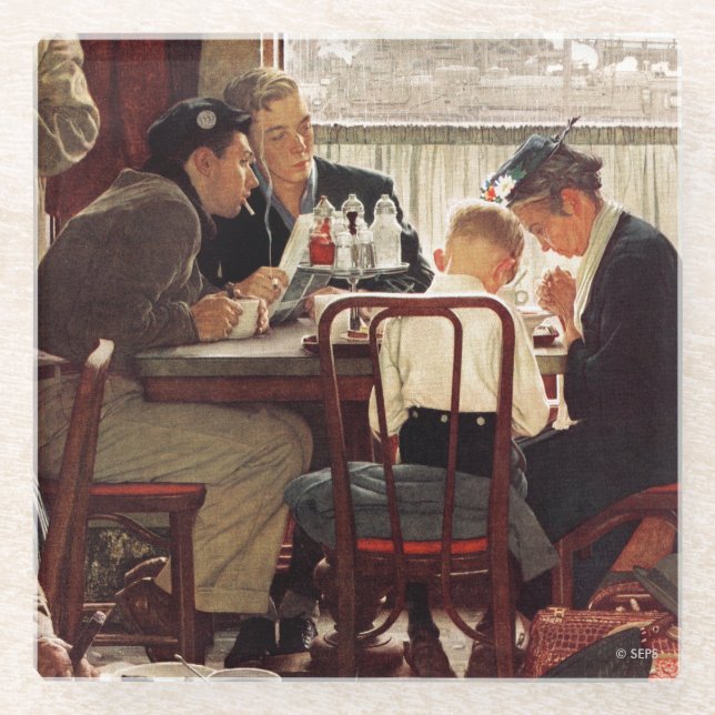 Saying Grace by Norman Rockwell Glass Coaster (Front)