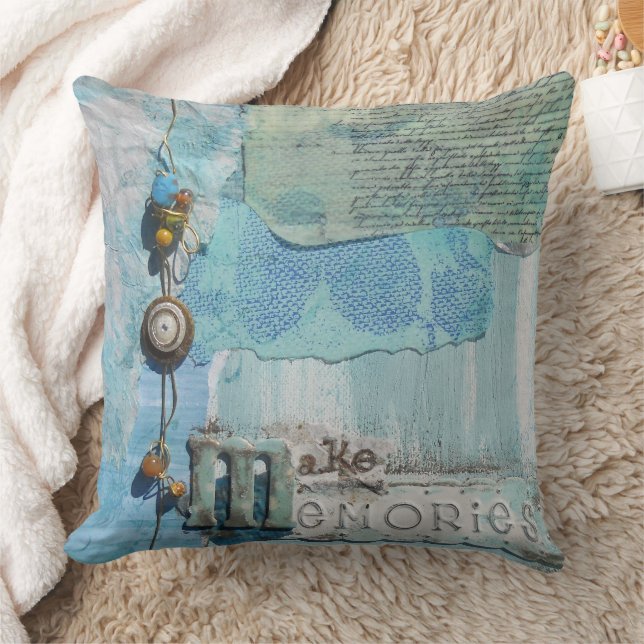 Saying Mixed Media Memories Blue Throw Pillow (Blanket)