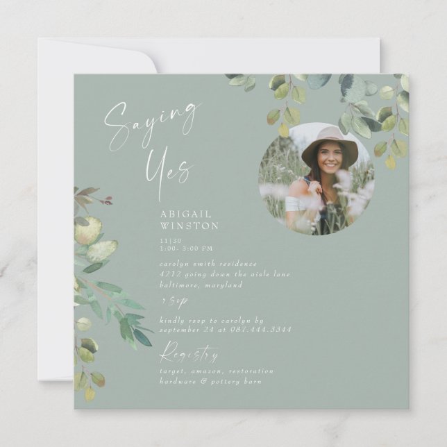 Saying Yes Bride Photo Foliage Sage Bridal Shower  Invitation (Front)