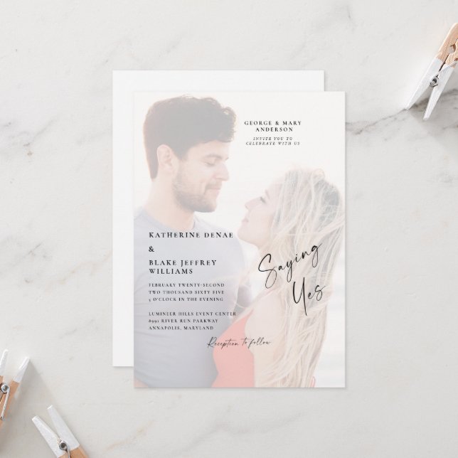 Saying Yes Couple Photo Beach Wedding Invitation (Front/Back In Situ)