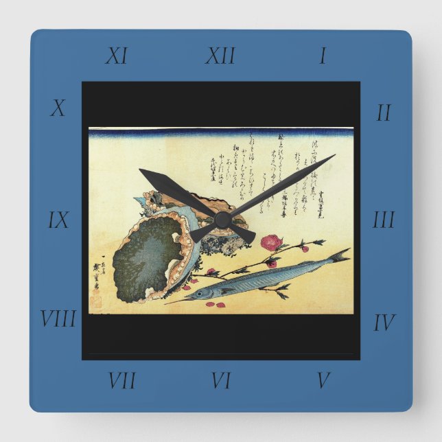Sayori & Awabi (Halfbeak, Abalone) Hiroshige Fish Square Wall Clock (Front)