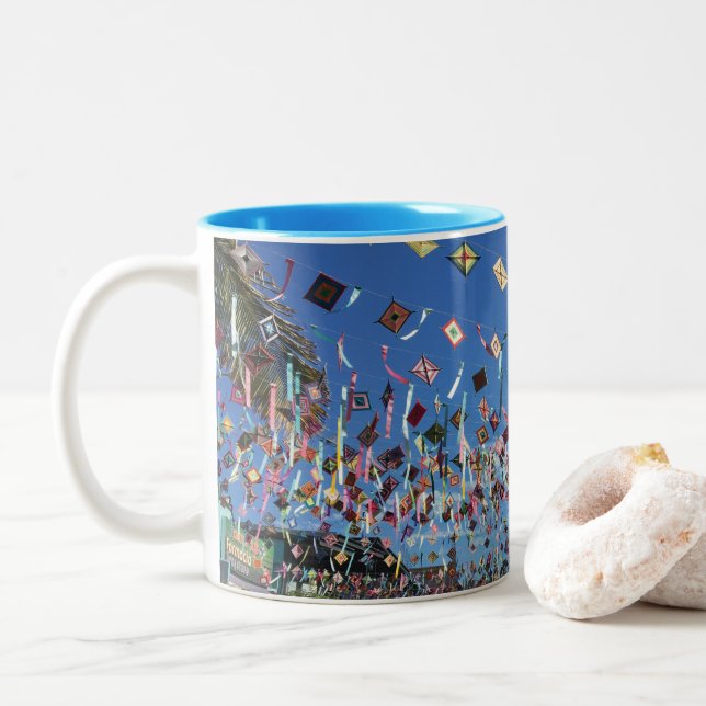 Sayulita - busy festive town in Mexico  Two-Tone C Two-Tone Coffee Mug (With Donut)