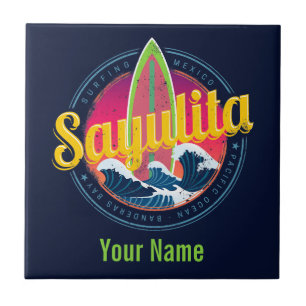 Sayulita Mexico Surfer Vintage Wave Sunset Bigwave Tile